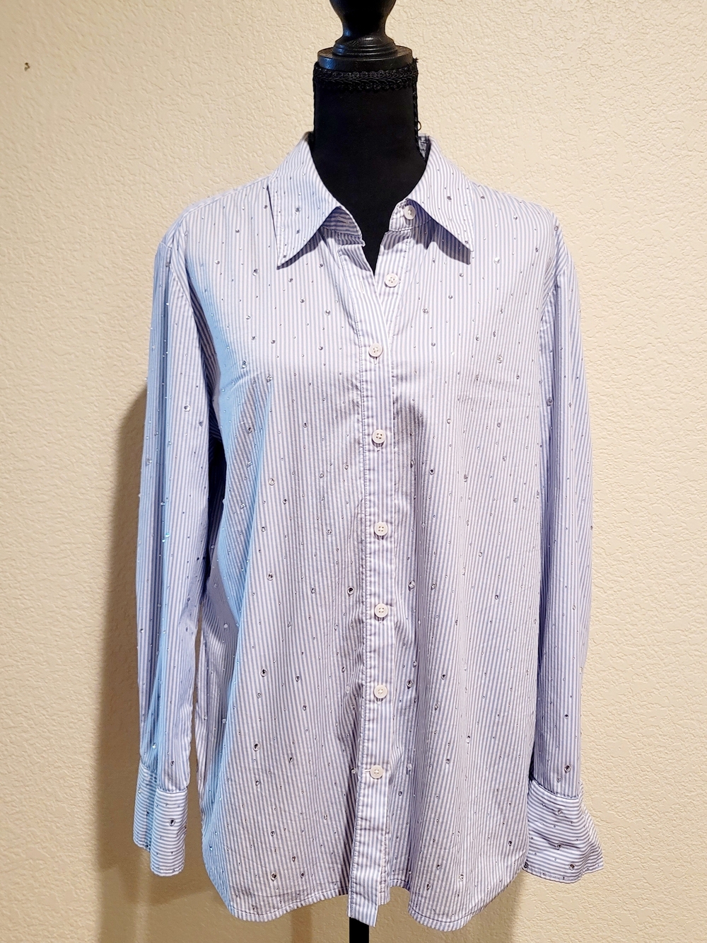 Chico's Light Blue Pinstripe Button-Down Shirt with Micro Dot Detail